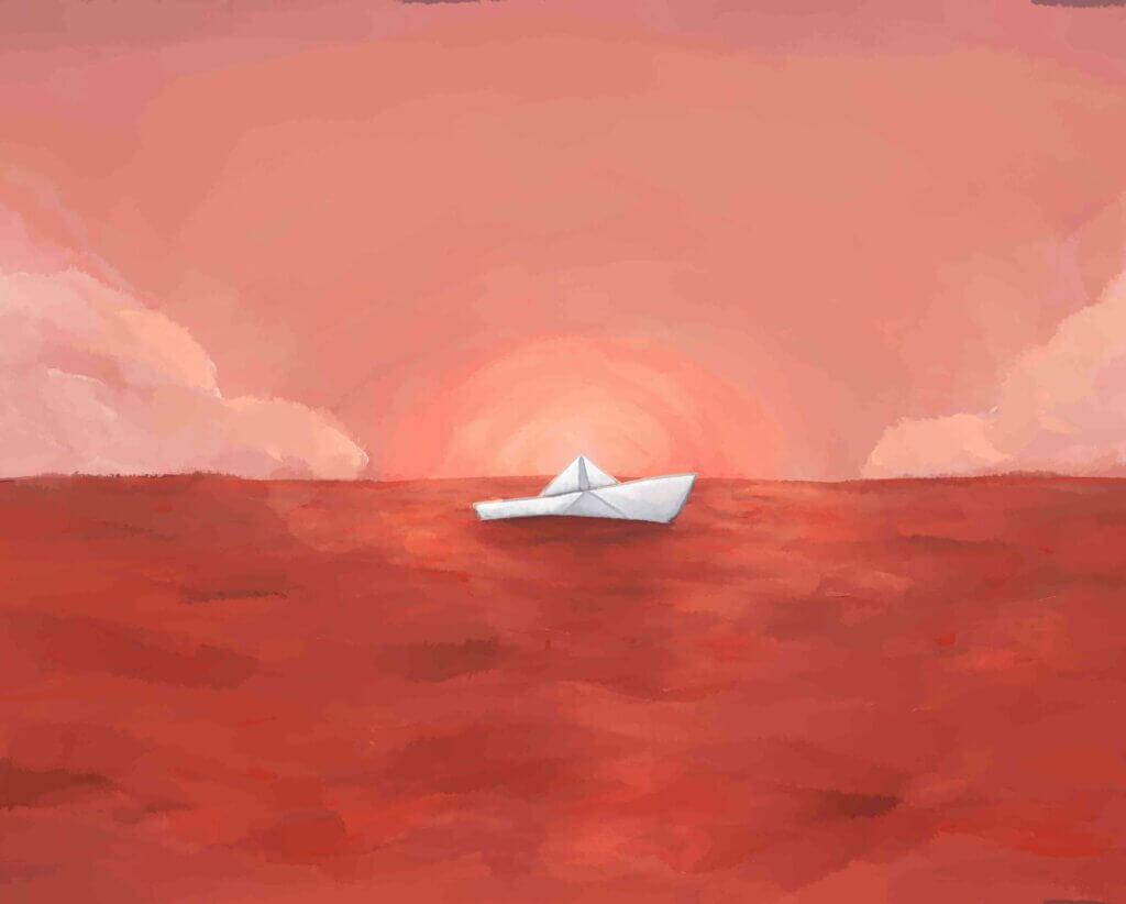 Illustration eines Schiffs auf einem roten Meer zur Veranschaulichung von Blutung